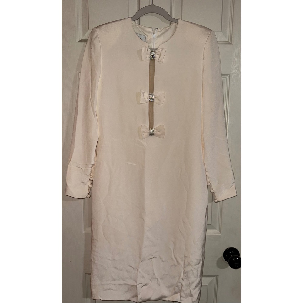 William Pearson Vintage Cream Sheath Dress Rhinestone Bows Sheer Panel Size 8